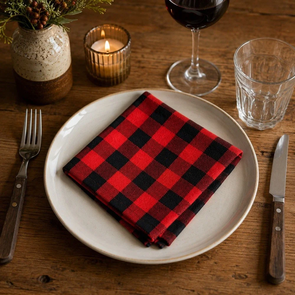 Red Black Buffalo Plaid Cotton Dinner Napkins‎ Set of 2  Checkered 23 x 15